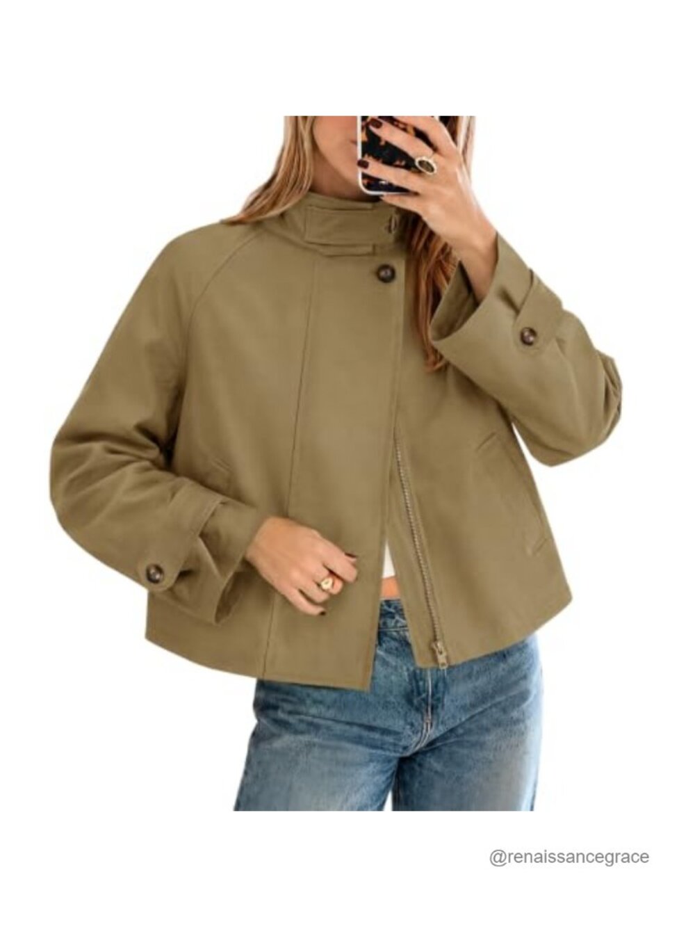 Women Cropped Trench Coat Lightweight Funnel Neck Zip Jacket Fall Layer